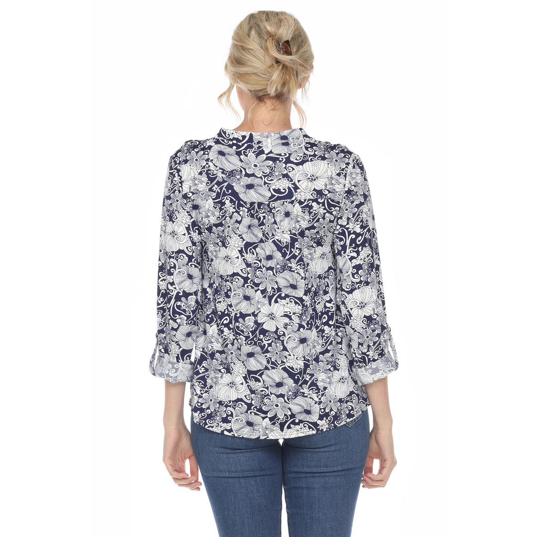 Women's Pleated Long Sleeve Floral Print Blouse