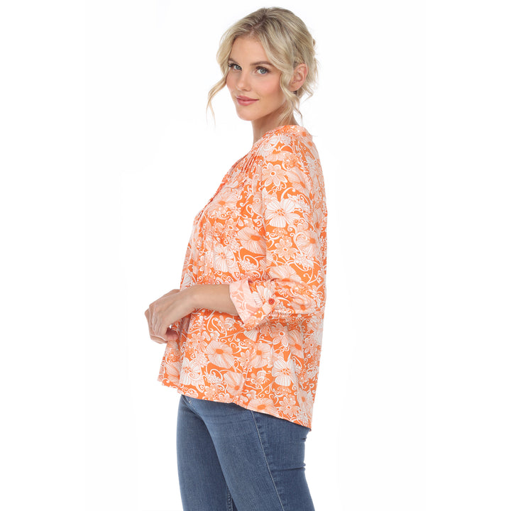 Women's Pleated Long Sleeve Floral Print Blouse