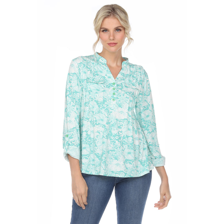 Women's Pleated Long Sleeve Floral Print Blouse