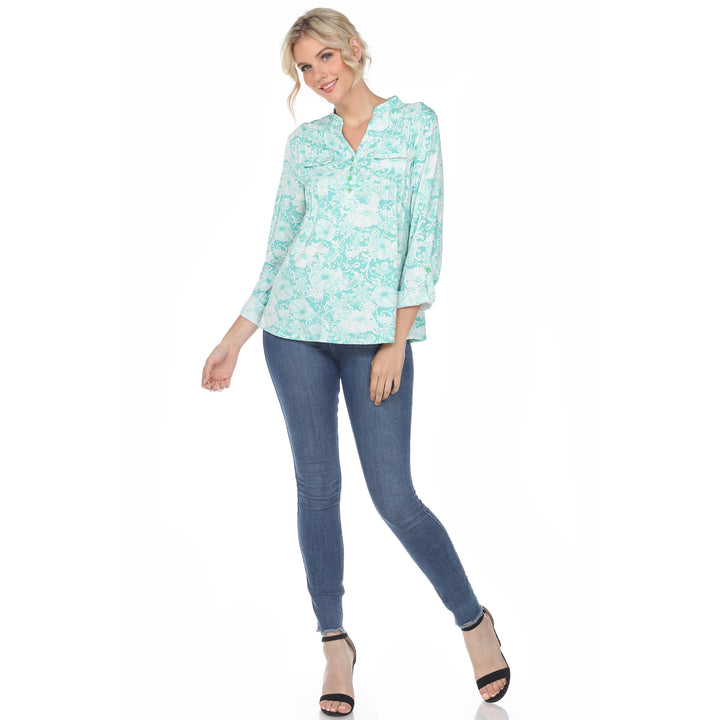 Women's Pleated Long Sleeve Floral Print Blouse