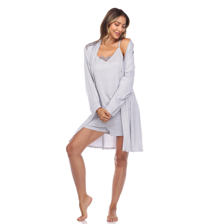 3 Piece Striped Pajama & Robe Set