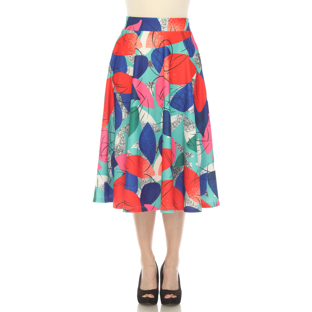 Women's Leaf Print Vintage Flared Midi Skirt