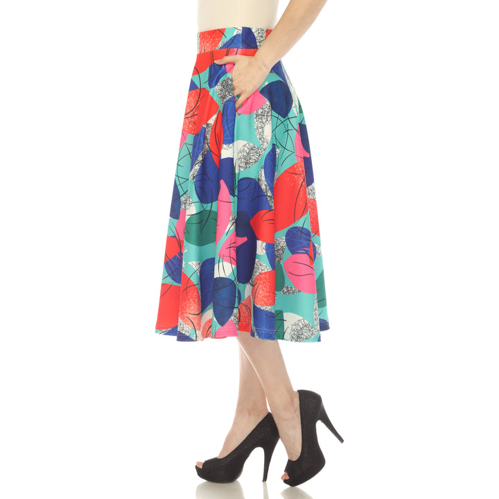 Women's Leaf Print Vintage Flared Midi Skirt