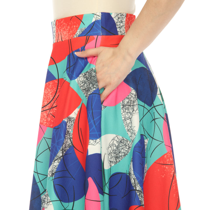 Women's Leaf Print Vintage Flared Midi Skirt