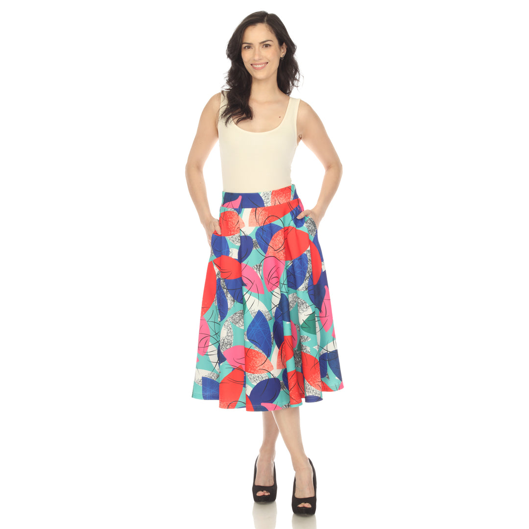 Women's Leaf Print Vintage Flared Midi Skirt