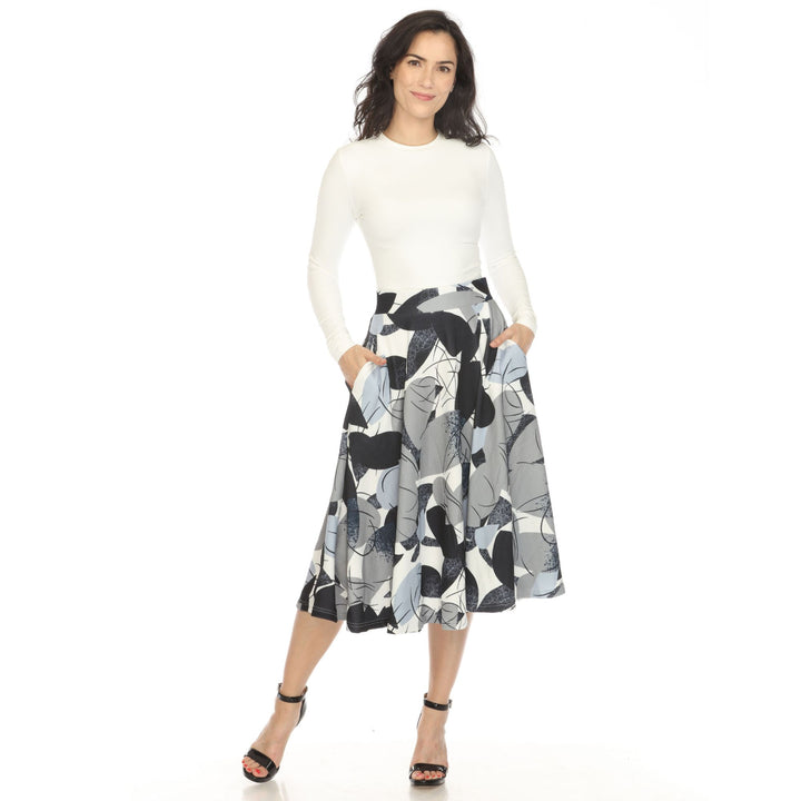 Women's Leaf Print Vintage Flared Midi Skirt