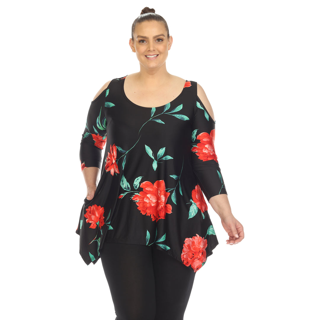 Women's Plus Size Floral Printed Cold Shoulder Tunic