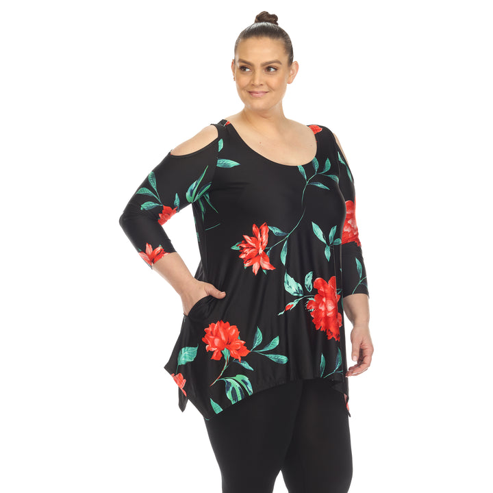 Women's Plus Size Floral Printed Cold Shoulder Tunic