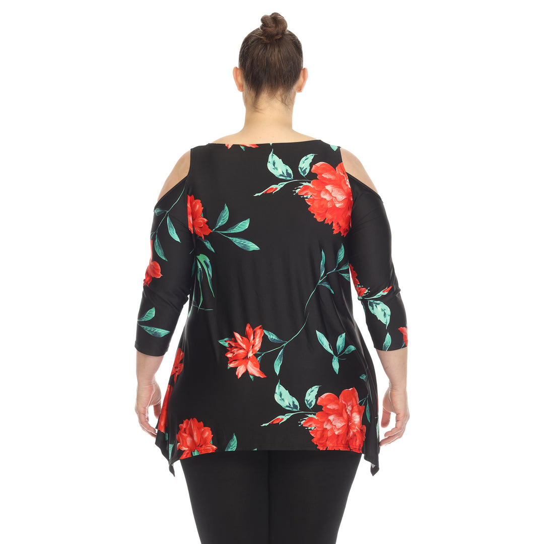 Women's Plus Size Floral Printed Cold Shoulder Tunic