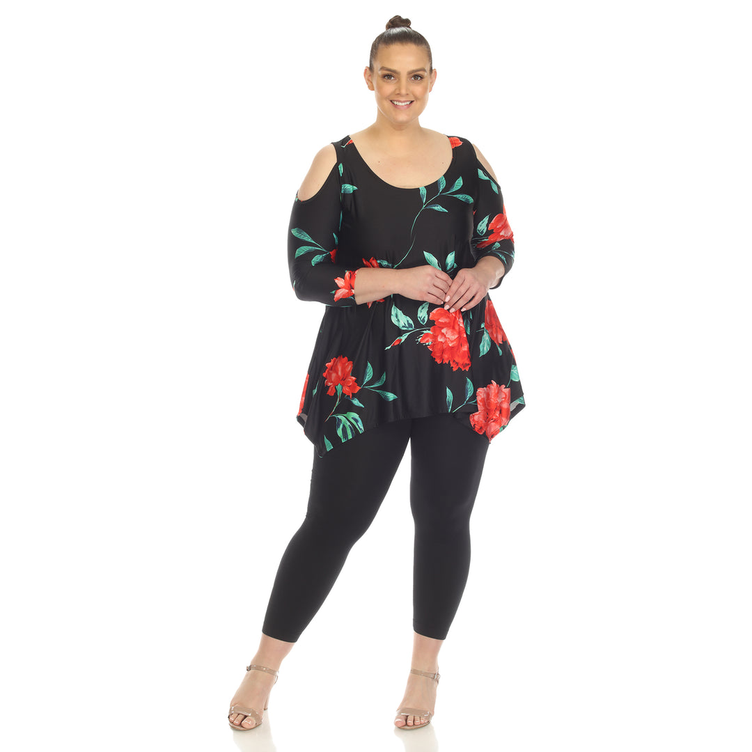 Women's Plus Size Floral Printed Cold Shoulder Tunic