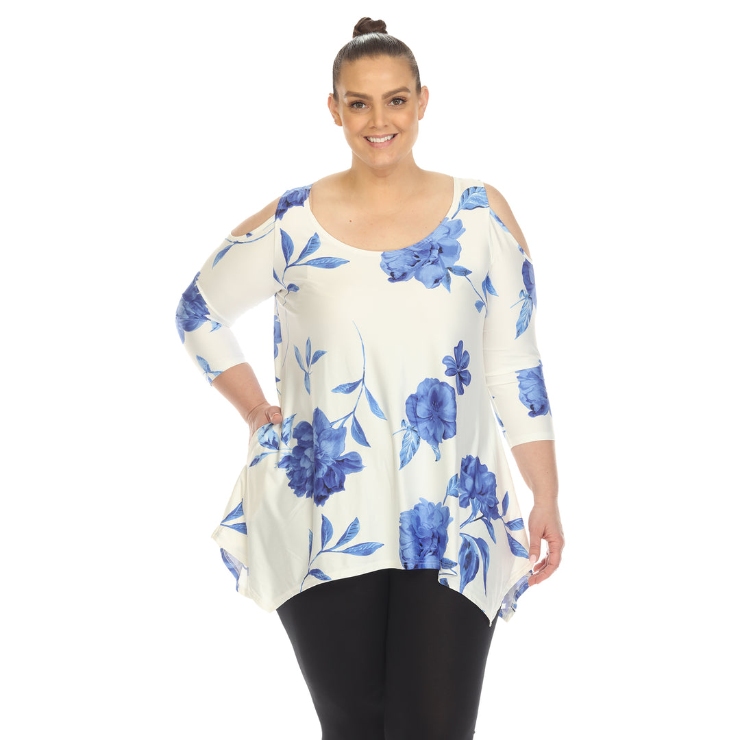 Women's Plus Size Floral Printed Cold Shoulder Tunic