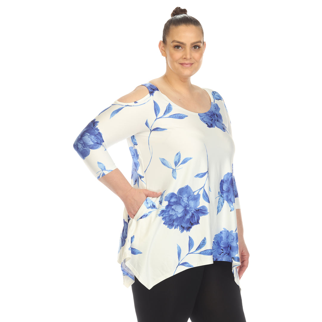 Women's Plus Size Floral Printed Cold Shoulder Tunic