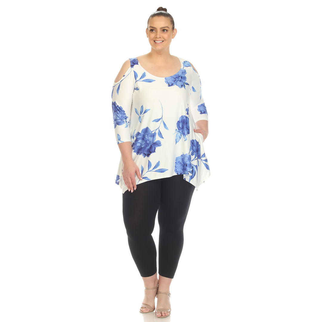 Women's Plus Size Floral Printed Cold Shoulder Tunic