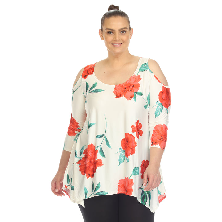 Women's Plus Size Floral Printed Cold Shoulder Tunic