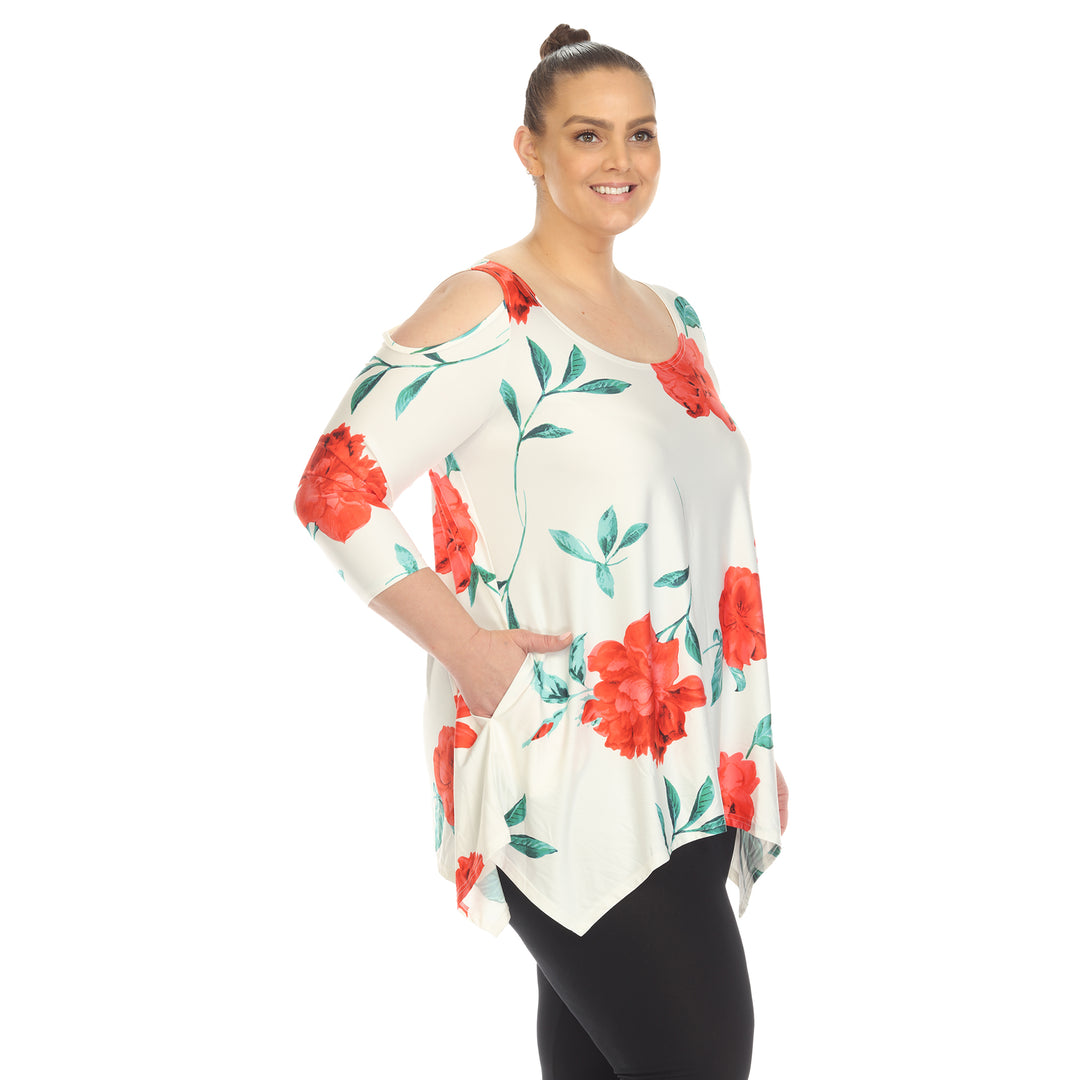 Women's Plus Size Floral Printed Cold Shoulder Tunic