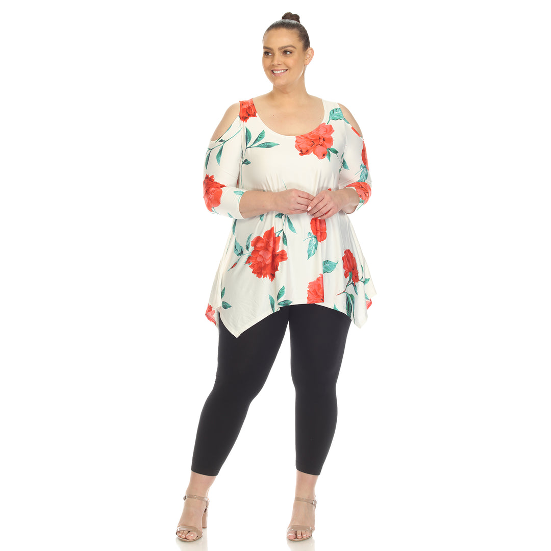 Women's Plus Size Floral Printed Cold Shoulder Tunic