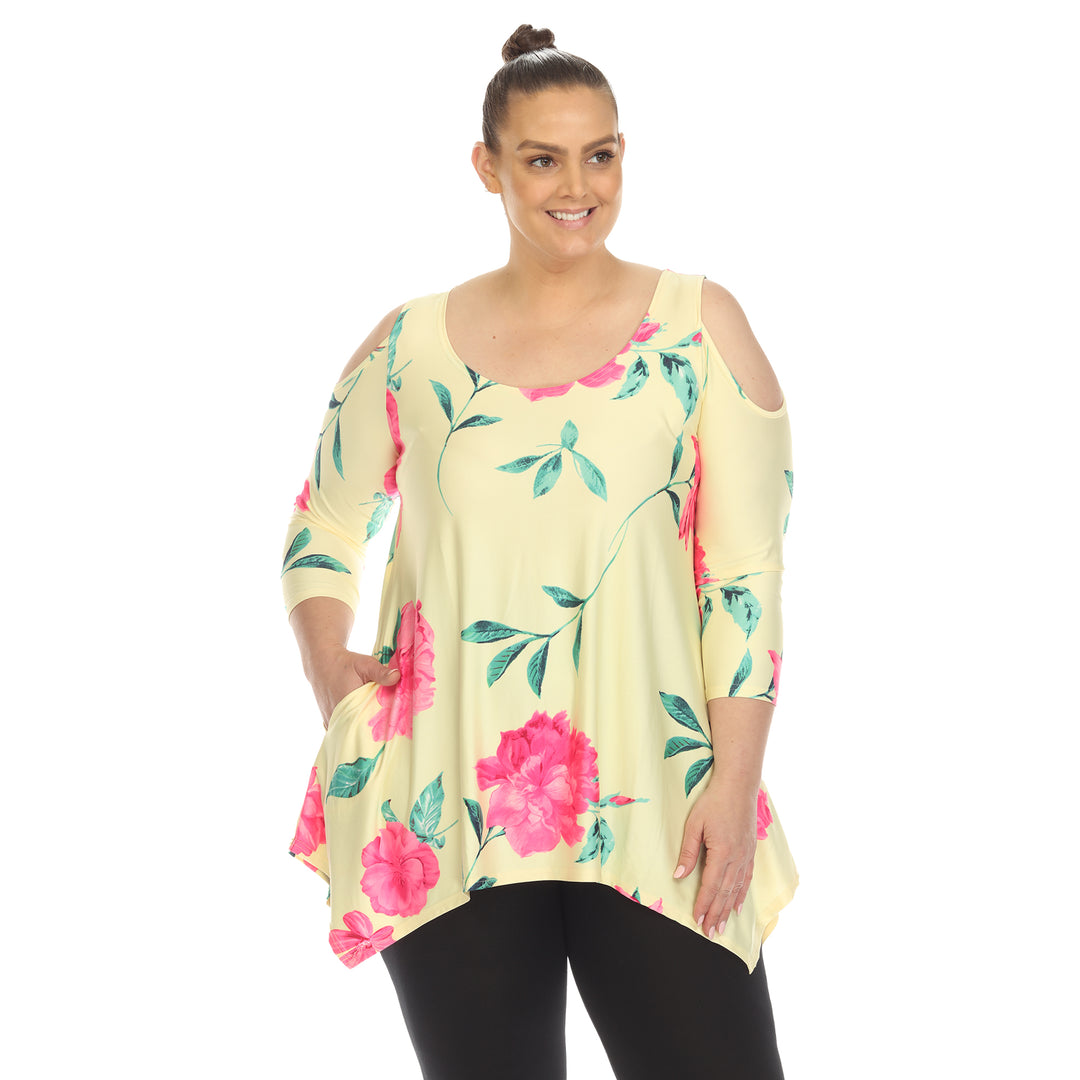 Women's Plus Size Floral Printed Cold Shoulder Tunic