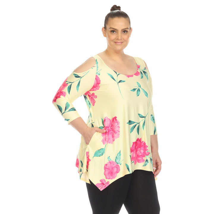 Women's Plus Size Floral Printed Cold Shoulder Tunic