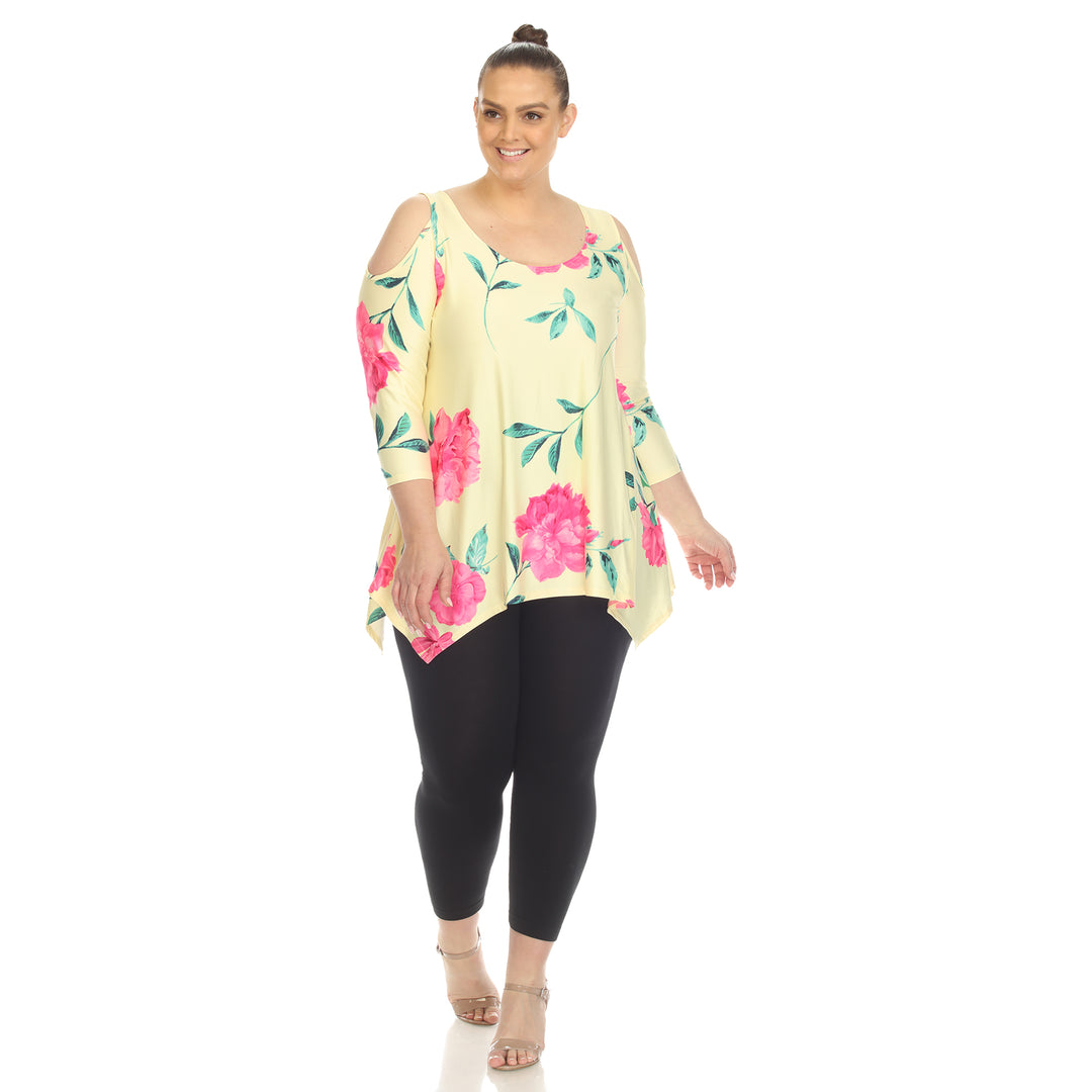 Women's Plus Size Floral Printed Cold Shoulder Tunic