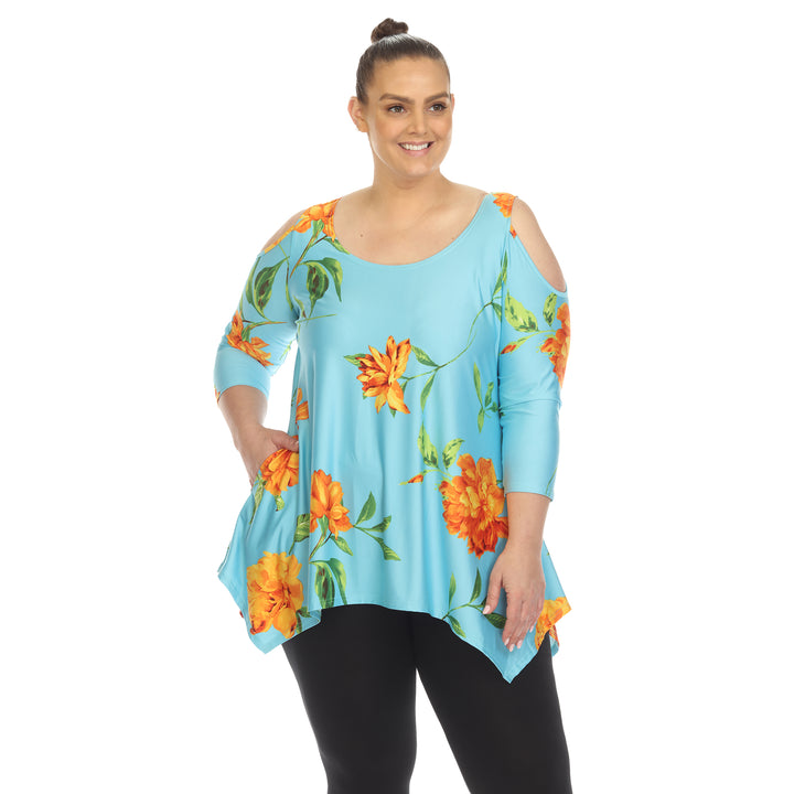 Women's Plus Size Floral Printed Cold Shoulder Tunic