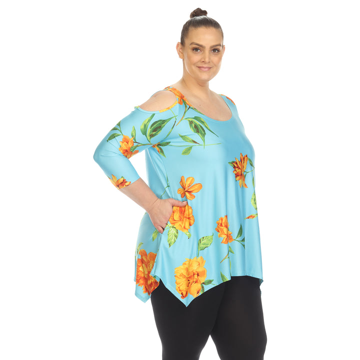 Women's Plus Size Floral Printed Cold Shoulder Tunic