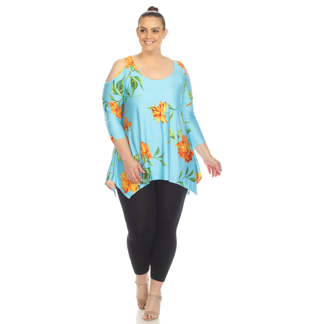 Women's Plus Size Floral Printed Cold Shoulder Tunic