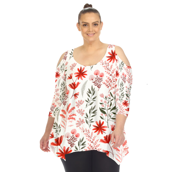 Women's Plus Size Floral Printed Cold Shoulder Tunic