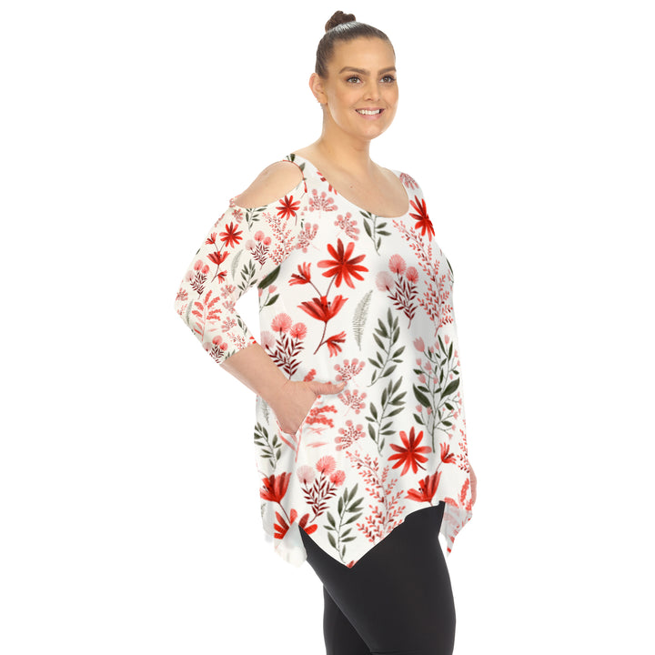 Women's Plus Size Floral Printed Cold Shoulder Tunic