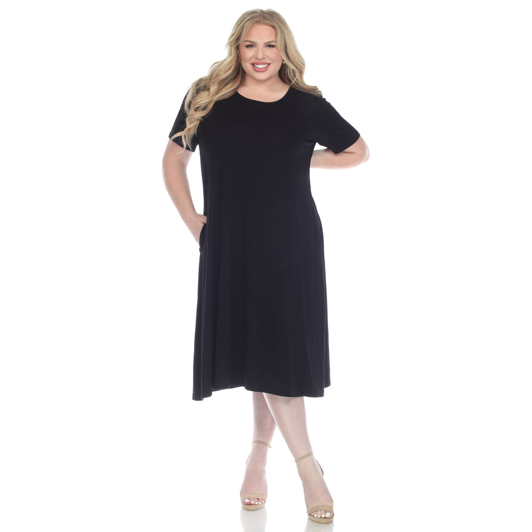 Women's Plus Size Short Sleeve Pocket Swing Midi Dress