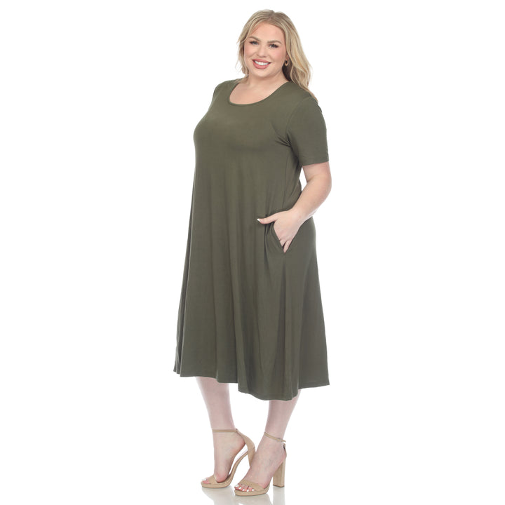 Women's Plus Size Short Sleeve Pocket Swing Midi Dress