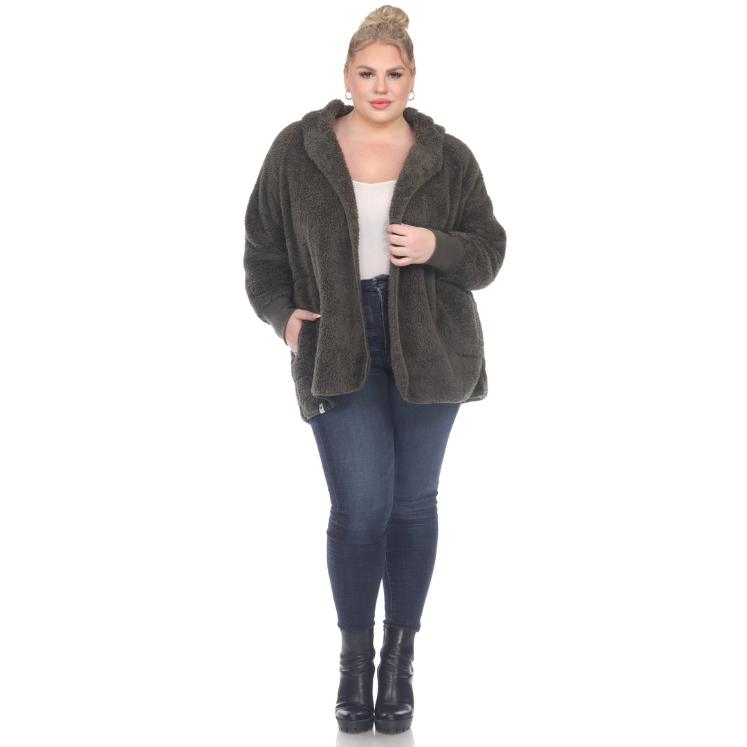 Women's Plus Size Plush Hooded Cardigan with Pockets