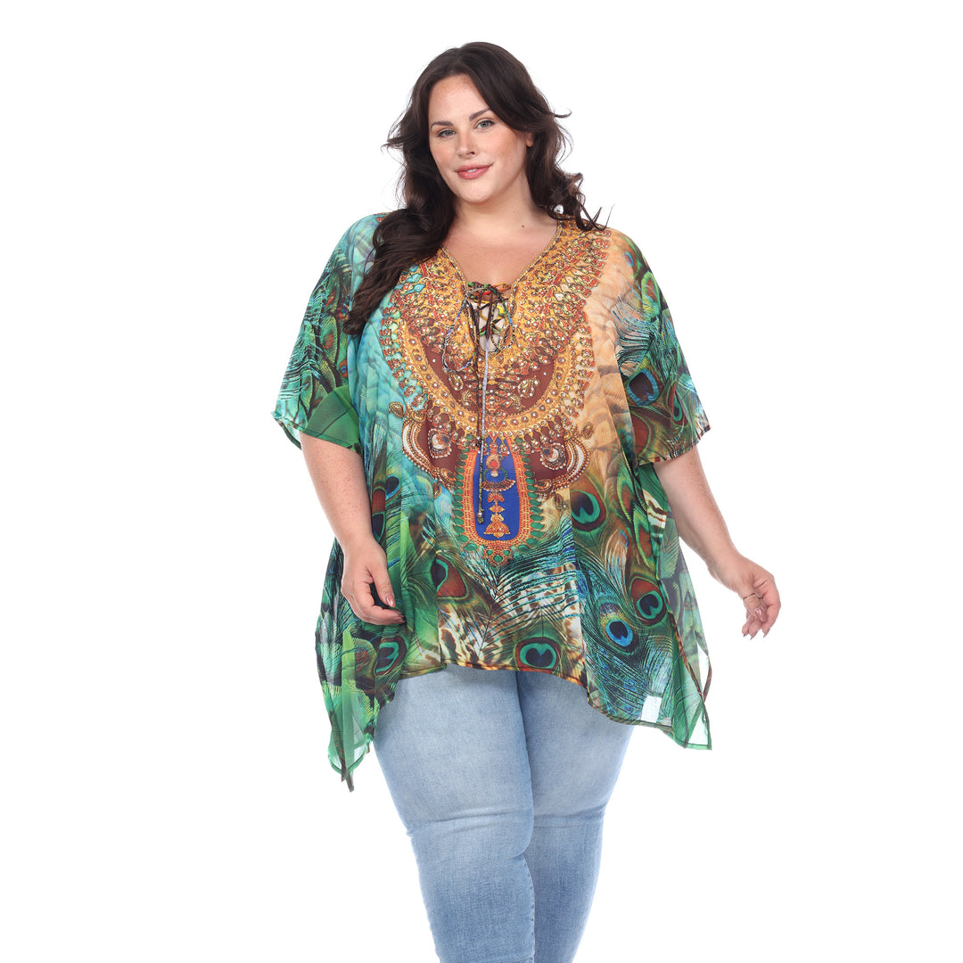 Women's Plus Size Short Caftan with Tie-up Neckline